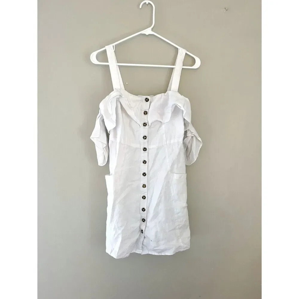 Forever 21 Womens White Mini Dress Small Linen Button 90s Y2K Baby Shower Party